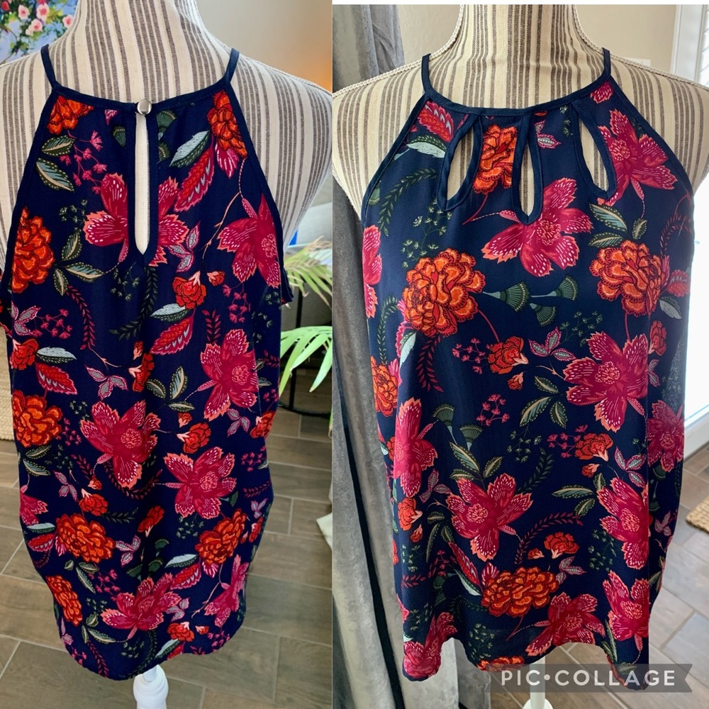 Sleeveless Flowy Halter Top
Size: Med
Color: Navy, red, orange & green flowers
